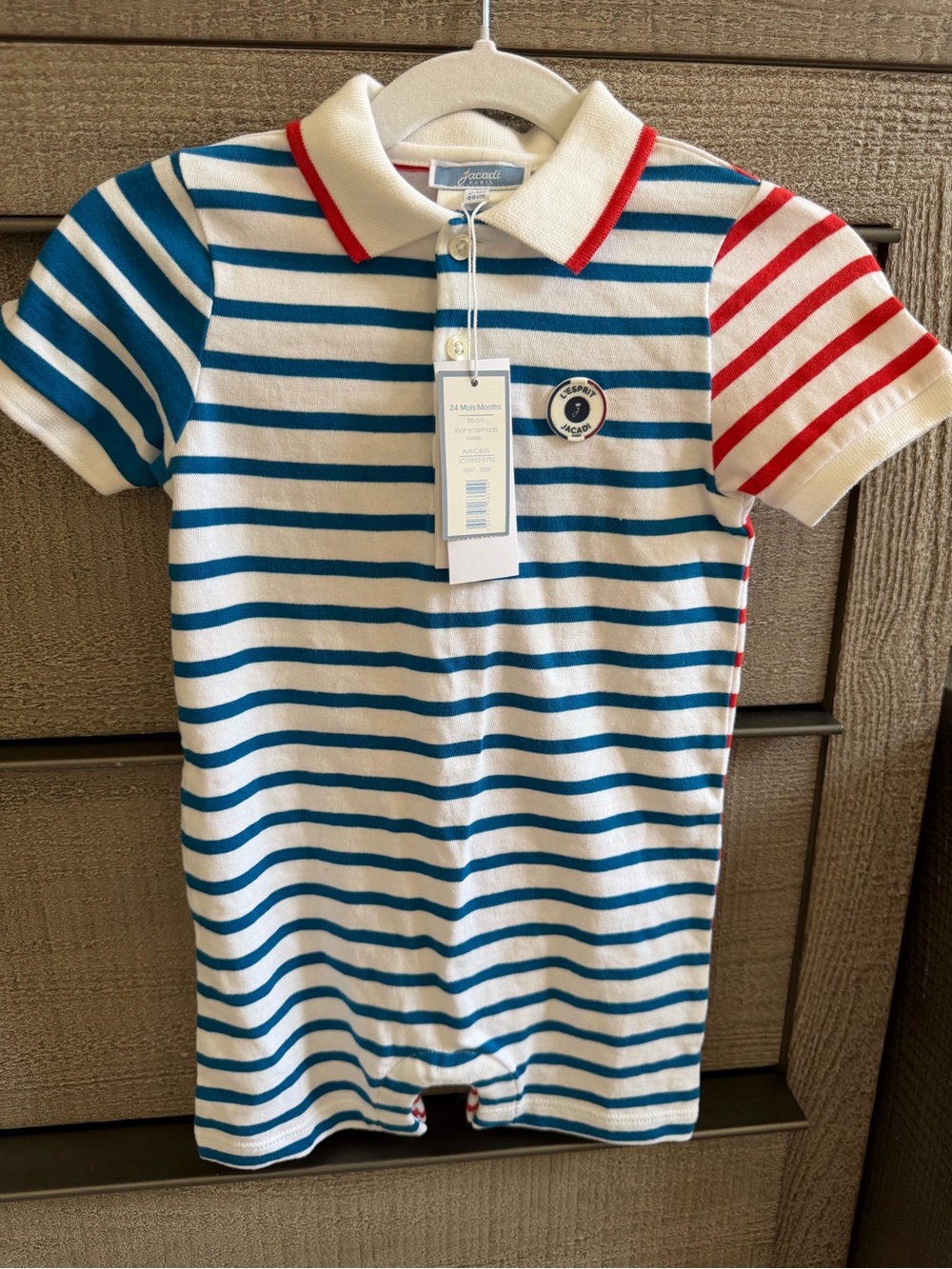 Jacadi Blue, White & Red Striped Polo Romper